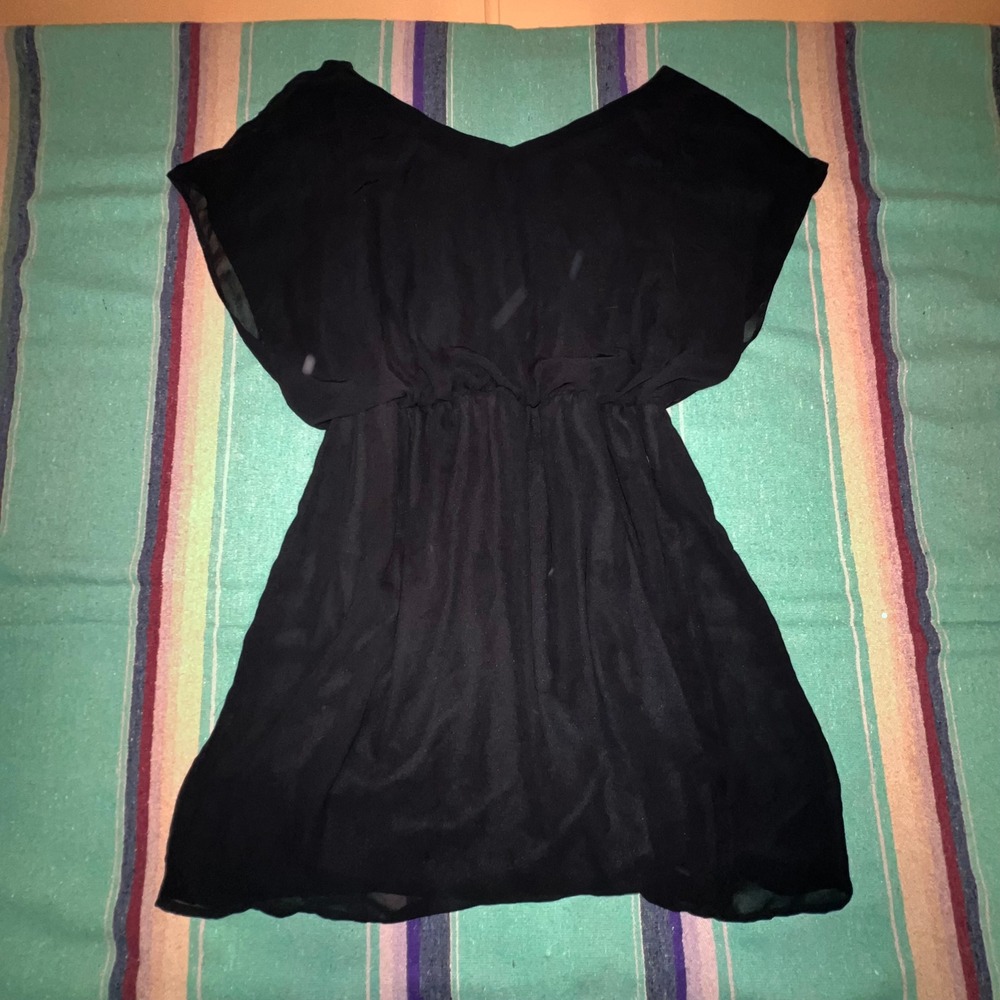 Lush Mini Dress Womens Black Chiffon V-Neck Elastic Waist Dolman Sleeve LBD